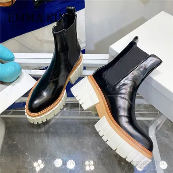 2021 Ženy Platformu Chelsea Boots Pravej Kože Hrubé Dno Členkové Topánky Móda Jeseň Zima Dizajnér Pošmyknúť Na Rytier Topánky
