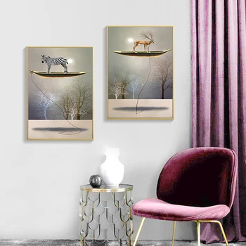Abstrakt Zvierat Loď Strom Plátno na Maľovanie Nordic Wall Art Zebra Jeleň Kôň Plagáty a Vytlačí Obrázok pre Obývacia Izba Dekor