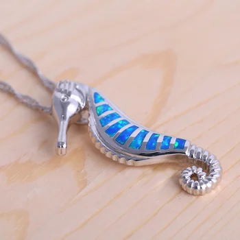 Ayowei Hippocampus Zvierat Dizajn Blue Fire Opal 925 Silver pečiatkou Prívesok Náhrdelník Šperky pre Ženy OP800A