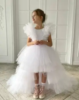 Biela Opuchnuté Kvetina Dievča Šaty pre Svadobné Party Princezná Vysoká Nízka Štýl Narodeniny Šaty Sprievod Šaty