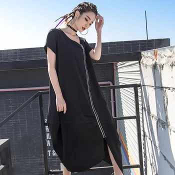 Black Nepravidelný Zips Ženy Šaty Letné Vintage Voľné Bežné Krátky Rukáv, Dlhé Šaty Elegantné Módne Oblečenie Sundress 2021