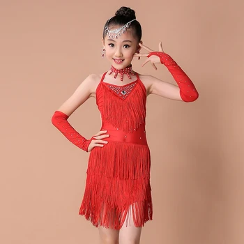 Blue Red Rose Dievča Fringe Paillette latinské Tanečné Šaty pre Dievčatá Strapec Salsa Deti Sála Šaty Tango Kostým