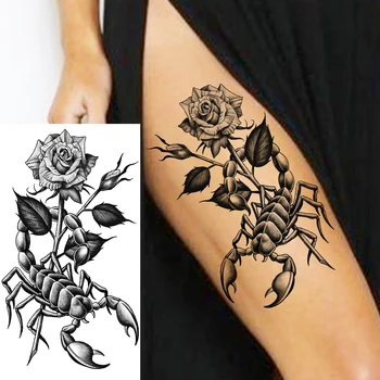 Ceruzka Náčrt Dahlia Dočasné Tetovanie Pre Lev Rytier Scorpion Tiger Kompas Falošné Tetovanie Nálepky Predlaktie Tatoos Nepremokavé