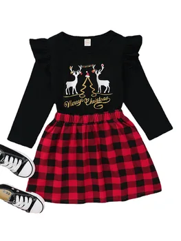Dieťa Červený Čierny Kockovaný Tlač Šaty, Jarné, Jesenné Oblečenie Vianočné Batoľa Detská Baby Girl Vianočné Šaty Dlhý Rukáv