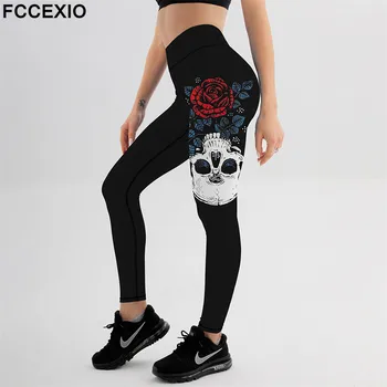 FCCEXIO Jogging Nohavice Ženy Skull&Roses 3D Tlač Vysokej Kvality Legíny Módne Elastické Nohavice Športové Fitness Gym Leggins