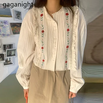 Gaganight Kórejský Ruched Ženy Blúzka 2021 Lístkového Dlhý Rukáv Retro Výšivky, Kvetinové Tričko Lady Bežné Tlačidlo O Krk Žena Blusas