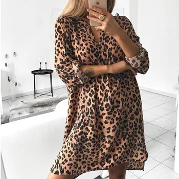Gentillove Ženy Vintage Leopard, Had Tlač Šaty, Sexy Prekladané Dlhý Rukáv V Krku Tričko Šaty Dámske Ležérne Ríše Mini Šaty