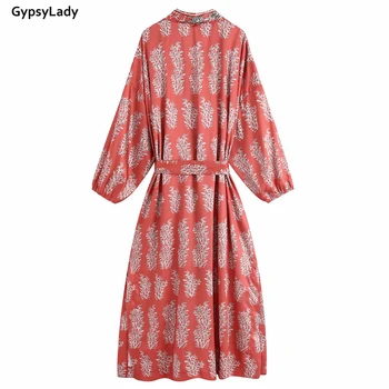 GypsyLady Červené Kvetované Vintage Dlhý Sveter Kimono Jeseň Dlhý Rukáv Boho Blúzky Belted Dievčatá Dovolenku Vrecku Bikini Top Kryt