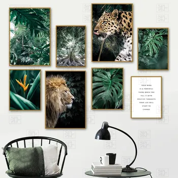 Jungle Gepard Lev Monstera List Stromu Wall Art Plátno na Maľovanie Nordic Plagáty a Potlačou obrazov na Stenu pre Obývacia Izba Dekor