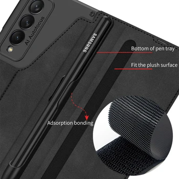 Kožené brnenie a PC obal pre Samsung Galaxy Z Zložiť 3 5G Odnímateľný Držiak na Pero Flip Stojan, Skladací Kryt Slotu Karty