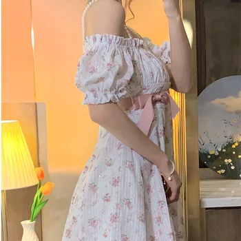 Kvetinový Princezná Elegantné Šaty Žien Lete 2021 Popruh Dizajnér Lístkového Rukáv Sladká Víla Šaty Žena Strany Bežné Kórejské Oblečenie