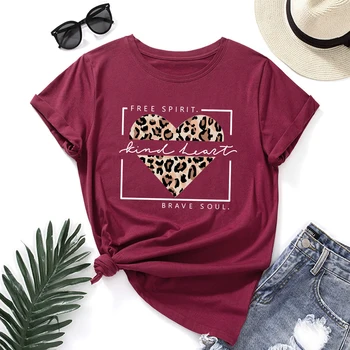 Leopard Srdce Zadarmo Druh Ducha Brave Soul T-Shirt Pozitívne Košele pre Ženy, Ženské Grafické Tričko Krátky Rukáv Letné Tričká Topy