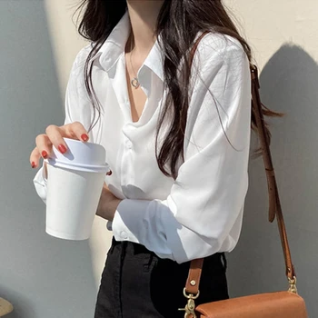 Letné Nový Príchod Ženy Bežné Office Lady Biele Tričko Celý Rukáv Voľné Šifón, Blúzky, Elegantné kórejský BF Style Plus Veľkosť Topy