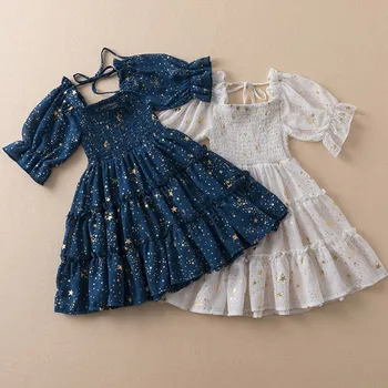 Letné Smocked Šaty Pre Dievčatá 3-8 Rokov Sequin Prehrabať Krátky Rukáv Oblečenie Pre Deti Nové Módne Šifón Strany Kostým Princezná