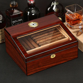 Luxusné Cedar Humidor Ploche Cigaru Zvlhčovač Úložný Box S Vlhkomer & Delič - Ručne Rosewood Dokončiť