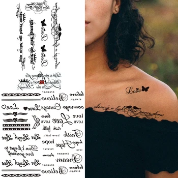 Minimalistický Slová Falošné Dočasné Tetovanie Pre Ženy Písmená Malé Článok Tetovanie Nálepky Black Špízy Nepremokavé Tatoos Clavicle