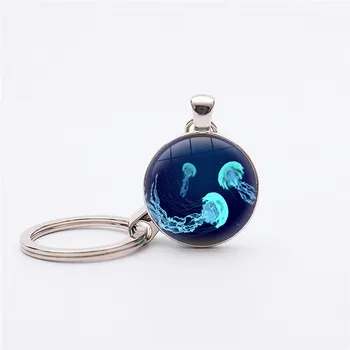 Modrá Vetrom Námorník Medúzy prívesok keychain Velella Medúzy Ručne vyrábané Strieborné Pozlátené kľúčenky tlačidlo krúžky Modrý Oceán Ryby