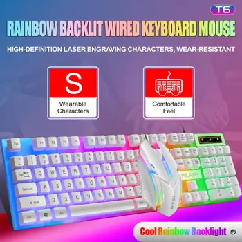 Najnovšie T6 Rainbow USB Wired Keyboard Mouse Pad Combo RGB Podsvietenie Pro Podsvietenie Herné Klávesnice Pre Gamer PC Prenosný Počítač