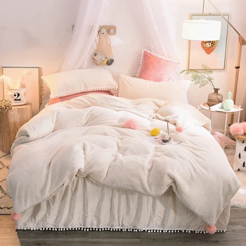 Princezná Dievča posteľná bielizeň Nastaviť Krátke plyšové+Berberské Fleece Perinu Loptu Volánikmi Velvet Posteľ Sukne prehoz cez posteľ obliečky na Vankúše bytový Textil