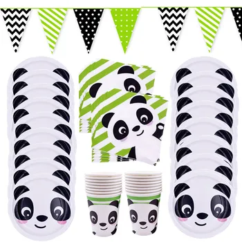 Roztomilá Panda Happy Birthday Party Papierové Taniere Poháre Obrúsky Obrus Jednorázový Riad Nastaviť Dieťa Dekorácie Dodávky