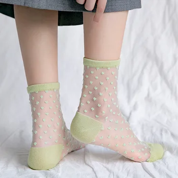 Srdce Tlače Japonský Kawaii Roztomilé Ponožky Letné Tenké Priedušná dámske Ponožky Crystal Hodváb Harajuku Vintage Streetwear Posádky Ponožky