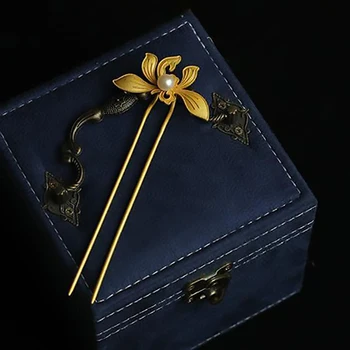 Umenie, starožitnosti vykladané pearl zlatá orchidea dlhé vlasy vlásenky klasická temperament dámske šperky Hanfu strieborné doplnky