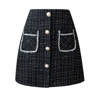 Čierne Kockované Tweed Sukne Ženy Vysoký Pás Zips Ceruzka Mini Sukne Plus Veľkosť Harajuku Vintage Vlnené Sukne Perly Tlačidlá M194